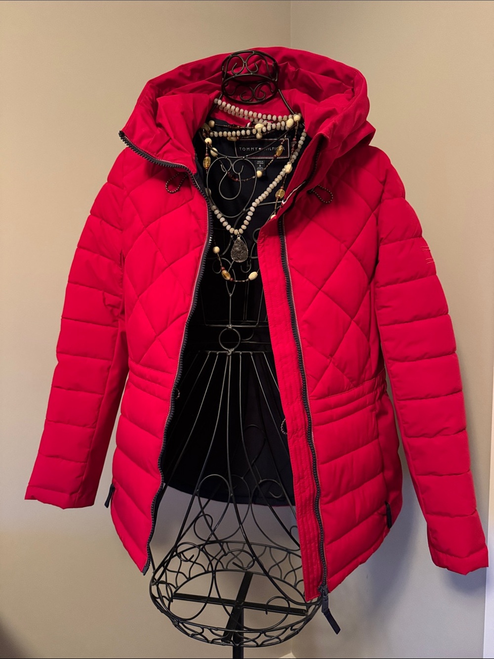 Tommy Hilfiger Bright Red Quilted Hooded Puffer Coat